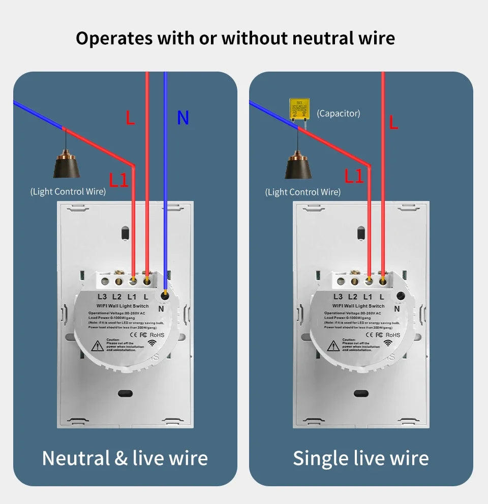 Tuya WiFi Smart Home Light Switch RF433 Neutral Wire/No Neutral Wire Required US Wall Touch Switches Support Alexa Google Home