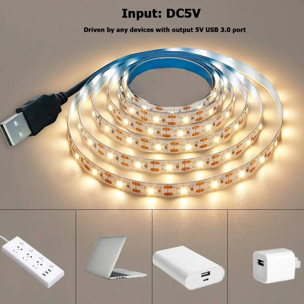 DC 5V USB LED Strip Lights - 2835 SMD Warm White/White, Flexible TV Backlighting, Home Decoration, DIY Lighting Tape