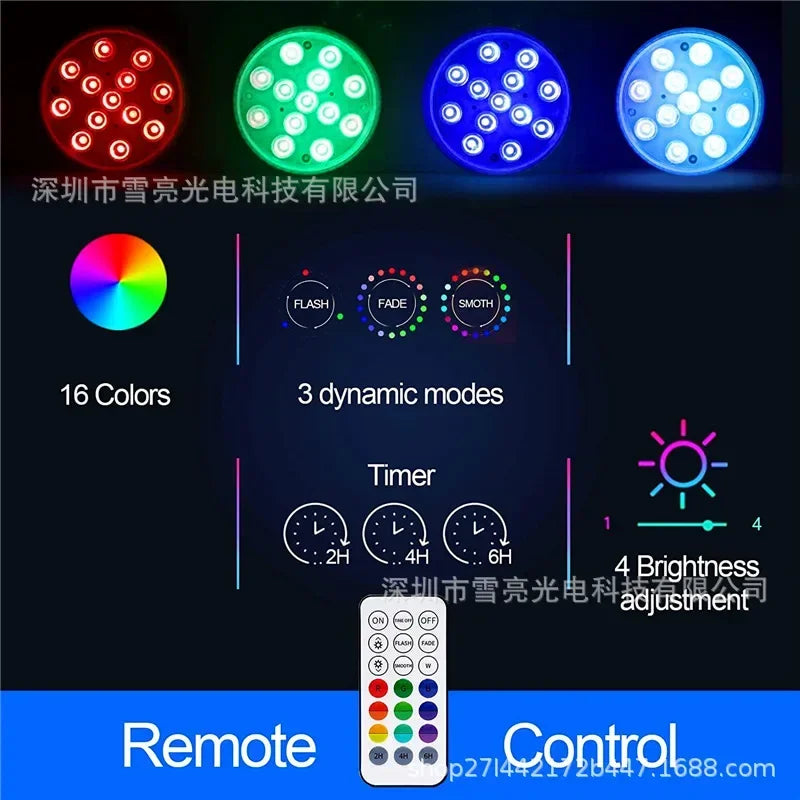 Updated IP68 RGB Submersible 13LED Underwater Light with Remote Control Underwater Pool Light Bright Lamp for Pond/Pool/Aquarium
