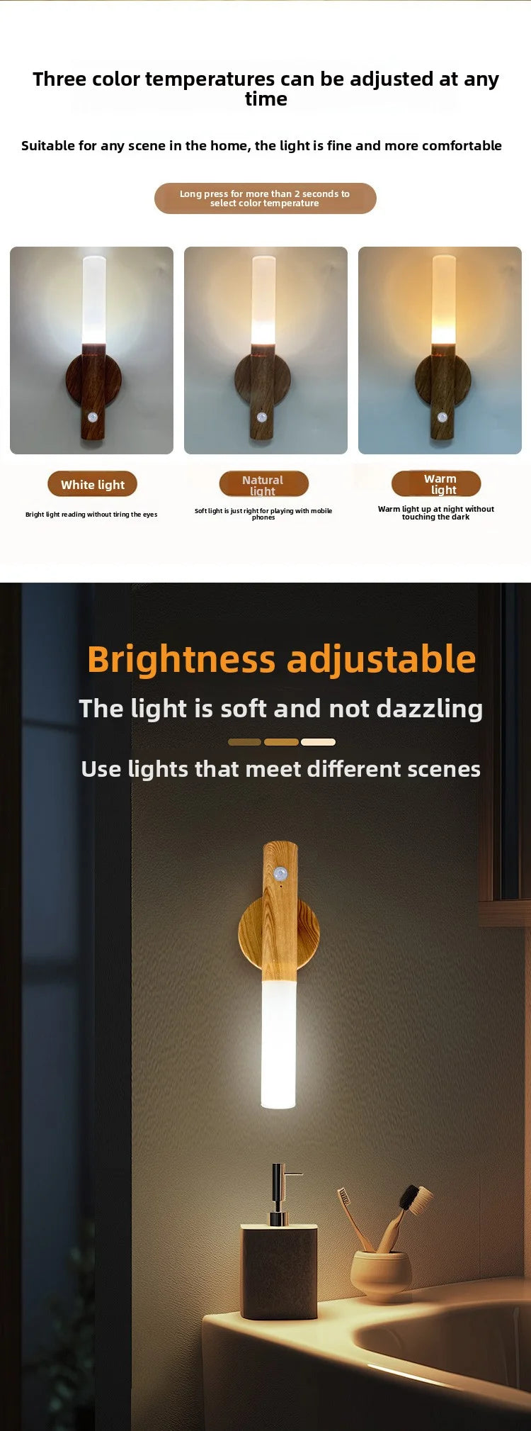 Automatic Night Light Motion Sensor Rechargeable 3-Mode LED Wall Light Human Body Induction Light for Bedroom Bathroom Hallway