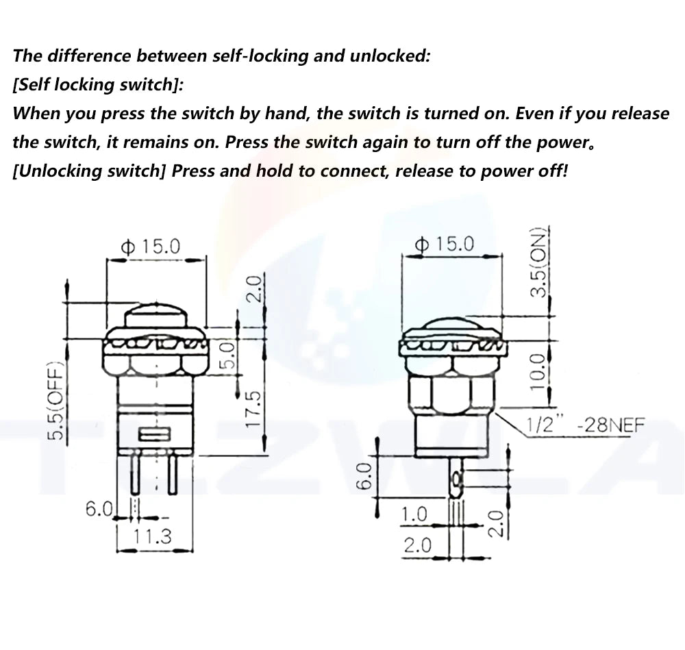 6PCS Self-Lock /Momentary Pushbutton Switches DS228 DS428 12mm OFF- ON Push Button Switch 3A /125VAC 1.5A/250VAC DS-228 DS-428