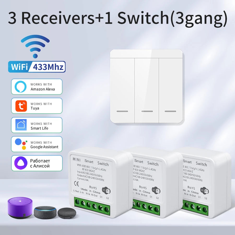 Tuya WiFi Smart Switch 433Mhz Relay Receiver Wireless 1/2/3 Gang 86 Wall Panel Switch APP Control Works with Alexa Google Home