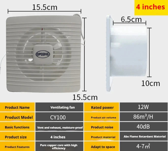 220V 4/6/7inch 110/150/180mm silence Ventilating Strong Exhaust Extractor Fan for Window Wall Bathroom Toilet Kitchen Mounted