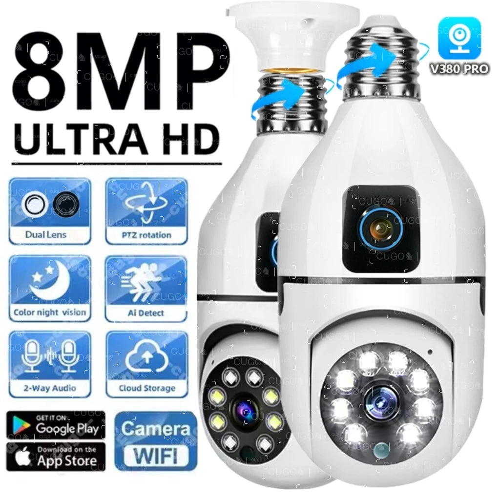 8MP E27 Bulb Surveillance Camera Wifi Camera Dual Lens Security Wireless Baby Monitor Two-way Automatic Human Tracking Monitor