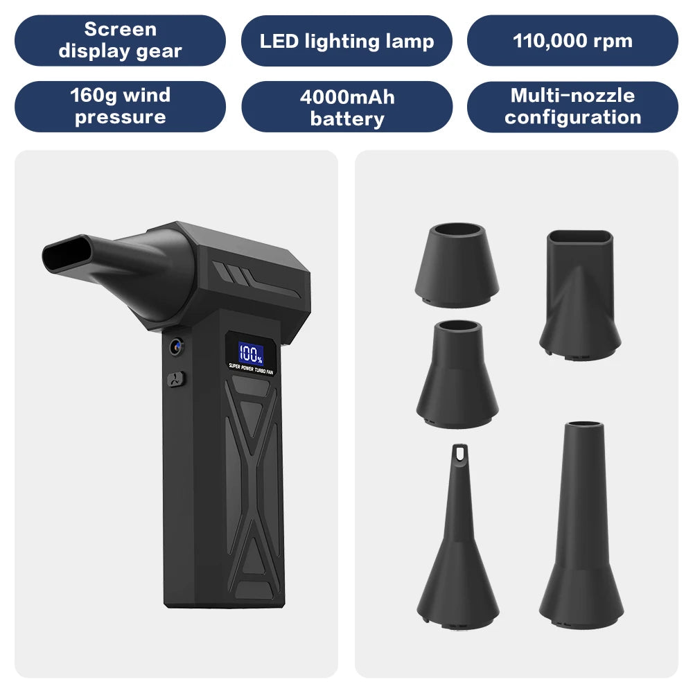 Powerful Air Blower 110000Rpm 4 Gear Adjustable Turbo Jet Blower With Led Light Battery Display Cordless Compressed Air Duster