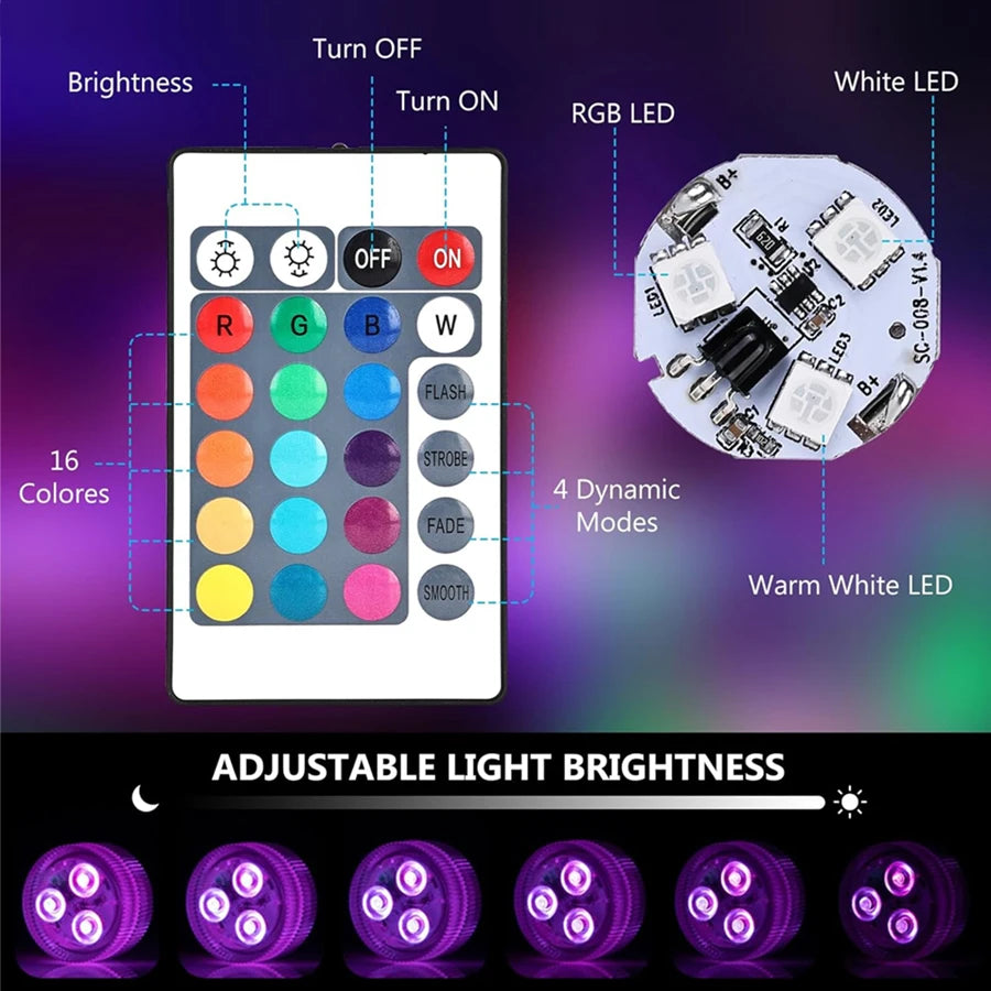 Submersible LED Night Lights Remote Control RGB Tea Underwater Light Battery Powered for Party Vase Fish Tank Room Decoration