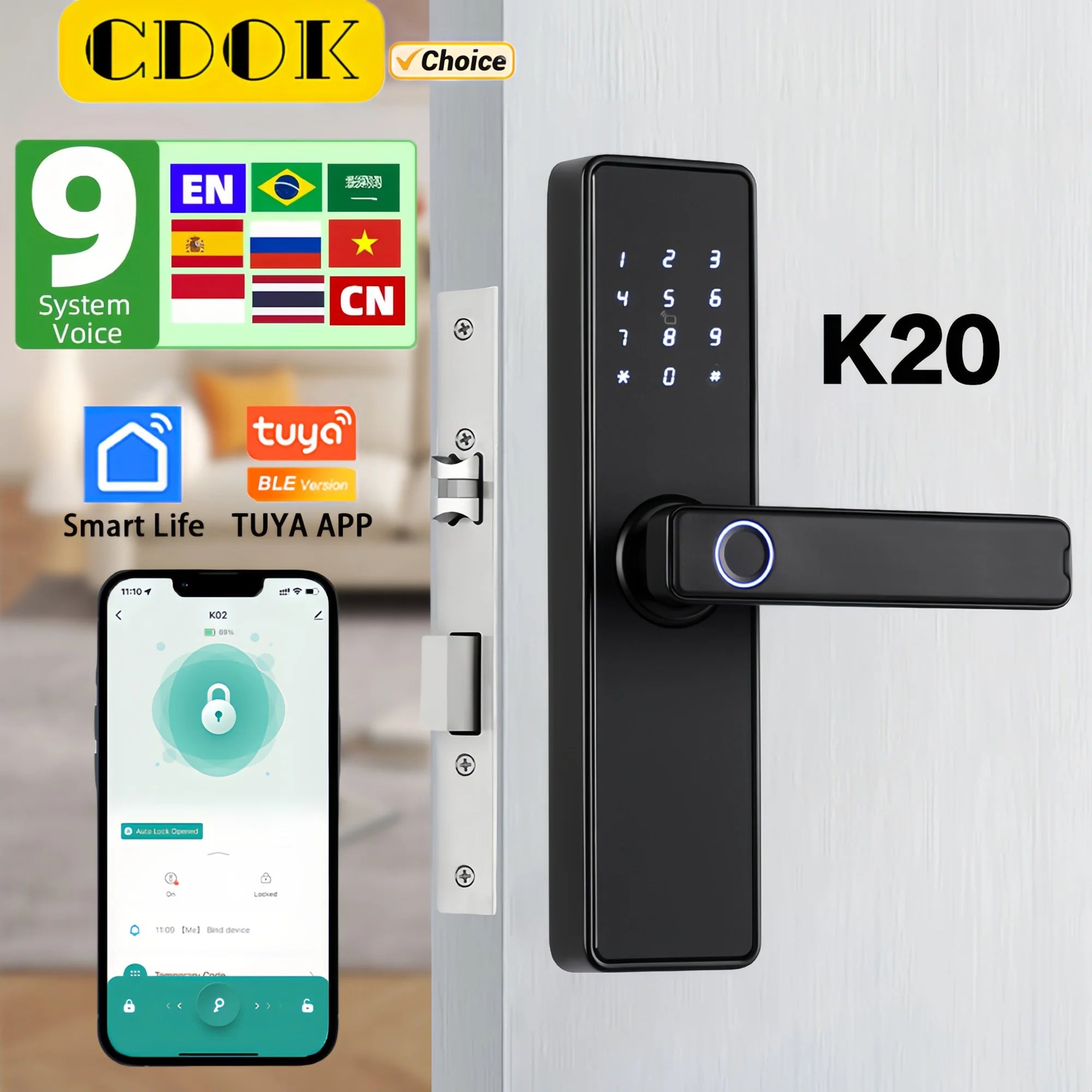 CDOK K20-Tuya Bluetooth door lock, multiple unlocking methods, suitable for office/apartment/B&B/bedroom doors