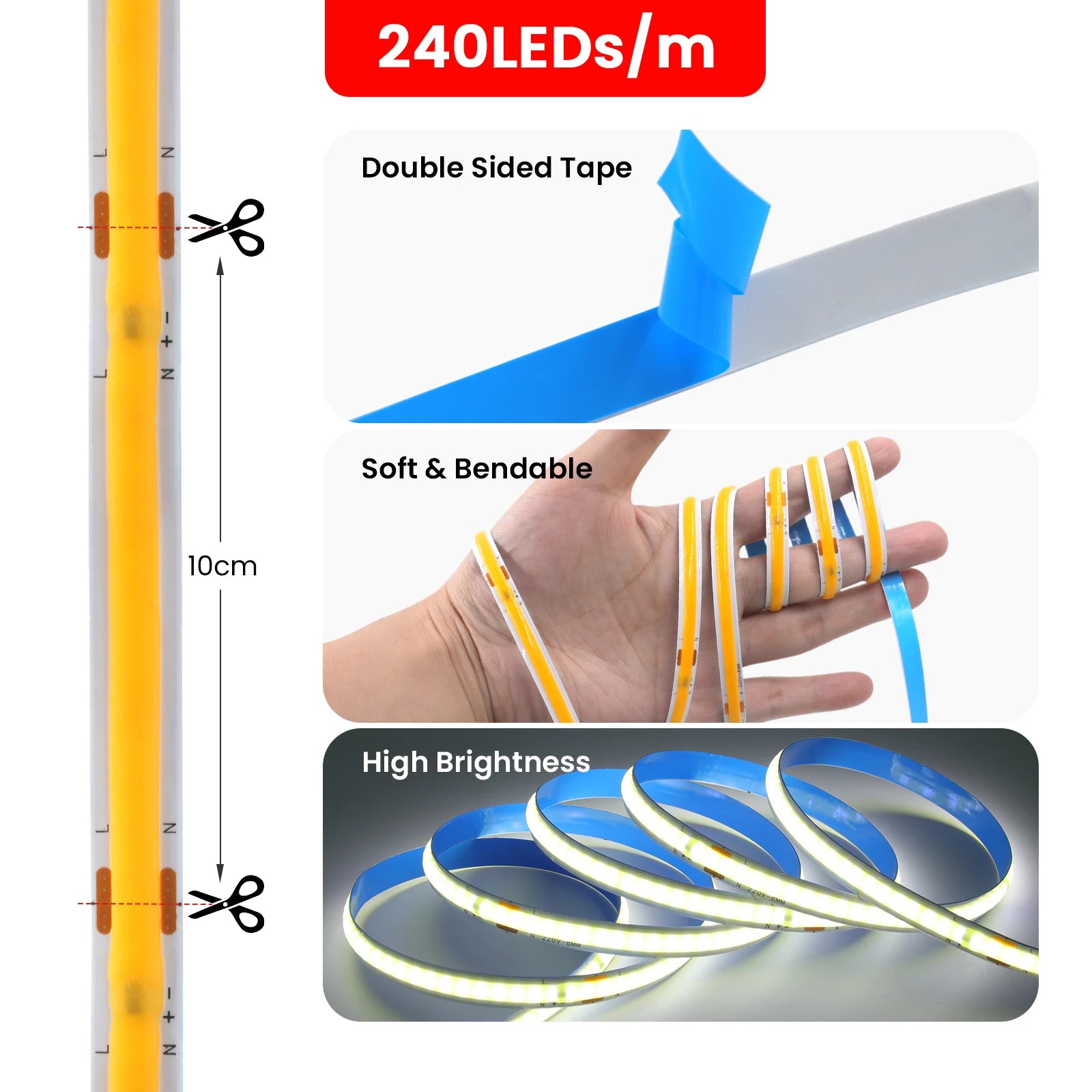 220V COB LED Strip Light 5M 10M 15M 20M Flexible Tape No Need Driver High Brightness 240LEDs RA90 Red Blue White Linear Lighting