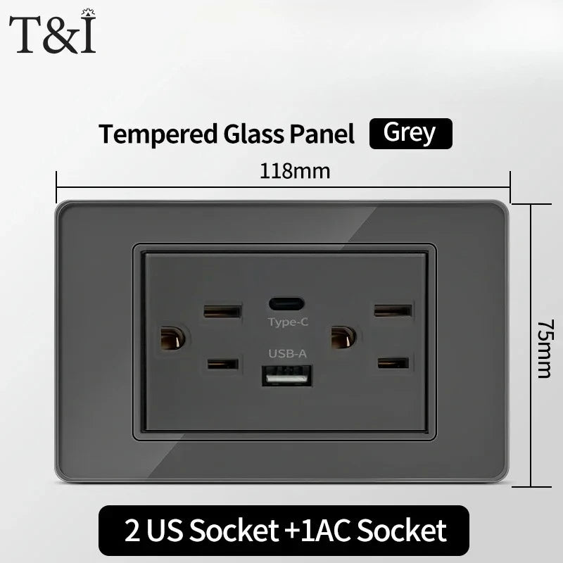 118*75mm Tempered Glass Socket US Wall Socket Grey Thai USB Socket Plug with Dual USB Type-C Ports,Light Switch 110V