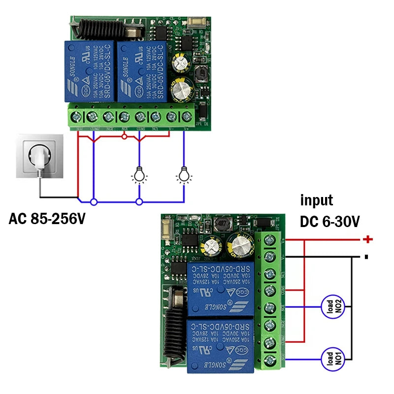 433MHz RF Wireless Remote Control Switch 6-30V 85-250V 2CH Relay Receiver For Door Electromagnetic lock Motors Lighting DIY etc
