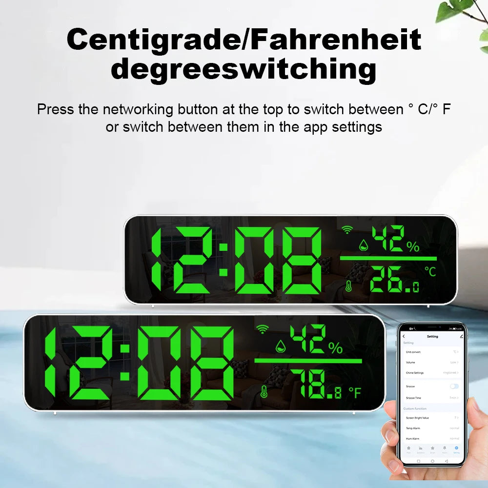Tuya WiFi Temperature Humidity Sensor Support Time Alarm Clock Display USB Desktop Mirror LED Clocks for Living Room Decoration