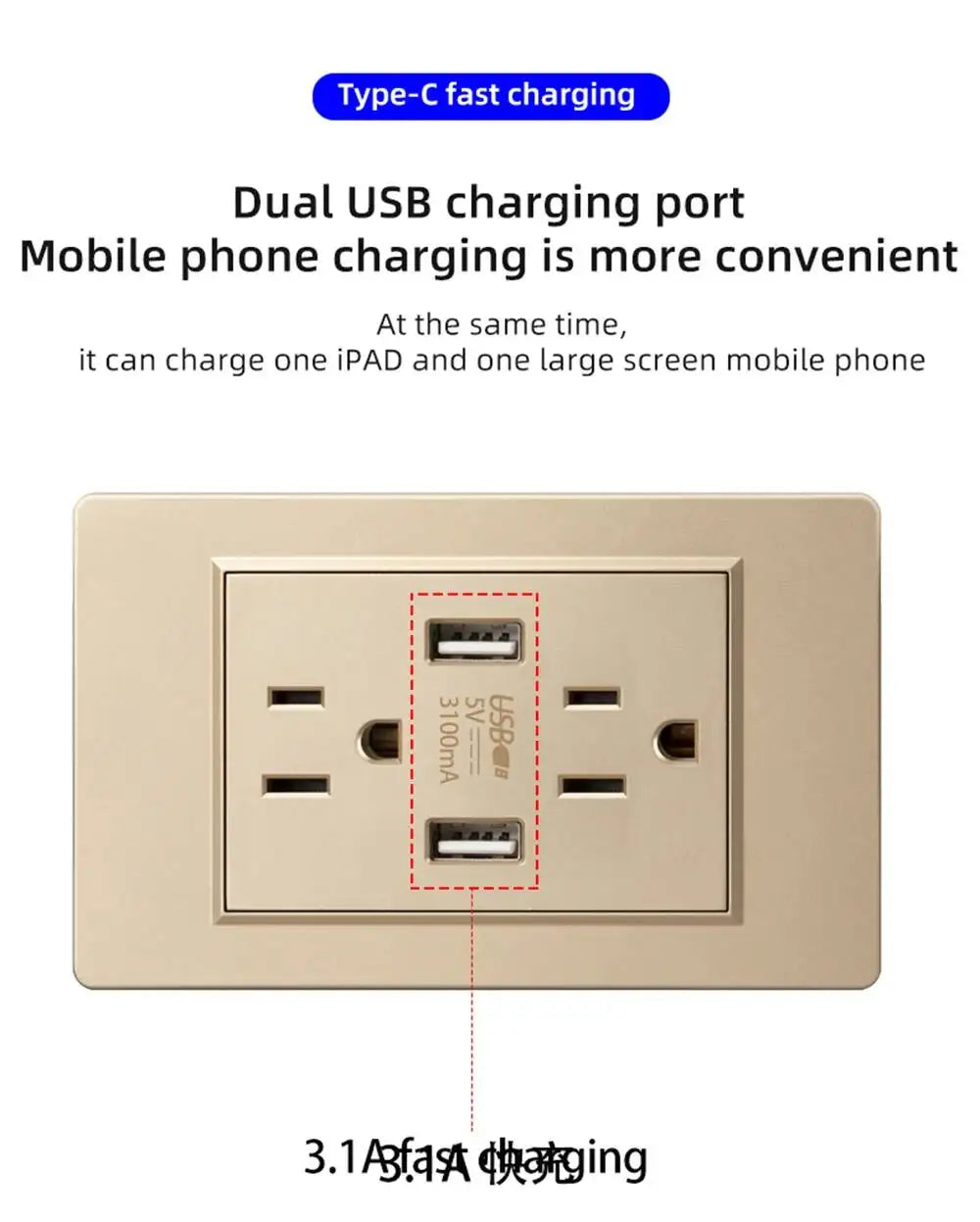 Herepow 118 Series Thailand American Standard Dual USB Wall Socket Smart Home Appliance Plug Adapter Type-c 3.1A Fast Charging