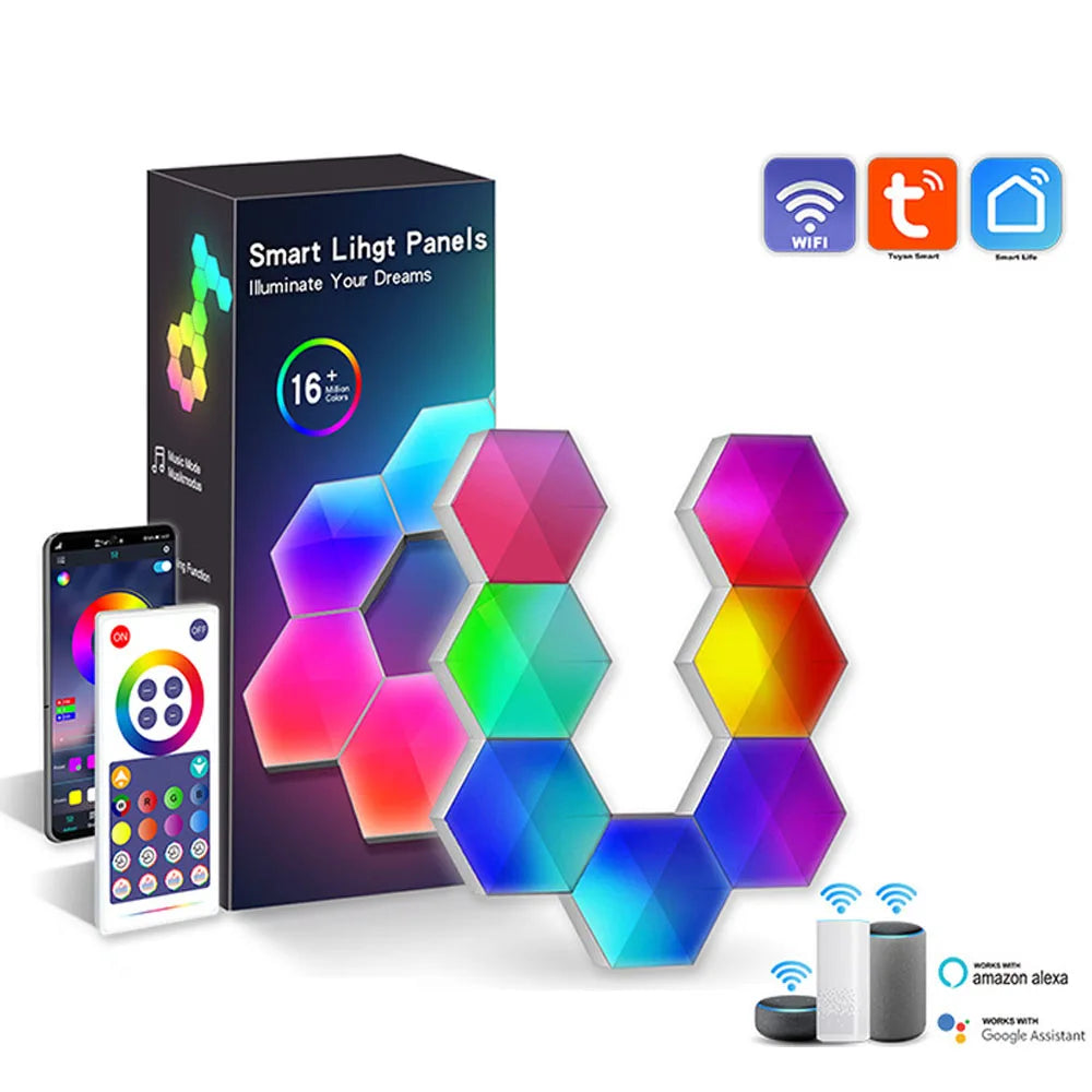 TuYa Smart WiFi Bluetooth RGB LED Hexagon Quantum Night Light Indoor Wall Light For Game Bedroom Decoration Atmosphere Lamps