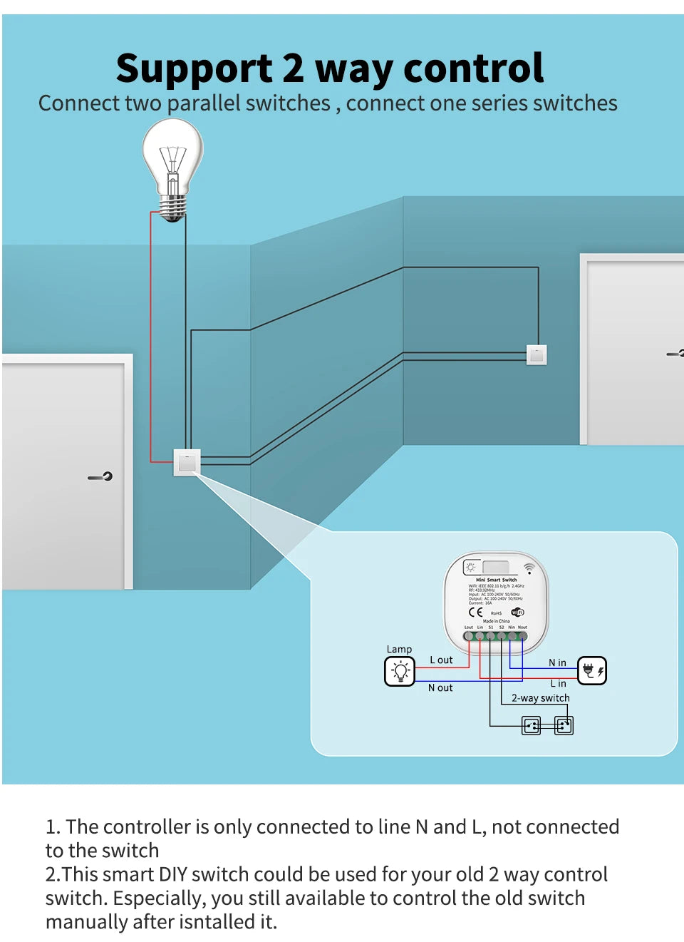 RF433 Self-Powered Wireless Light Switch, Kinetic No Battery,16A Relay, Retrofitting Easy Installation for Home Garage Garden