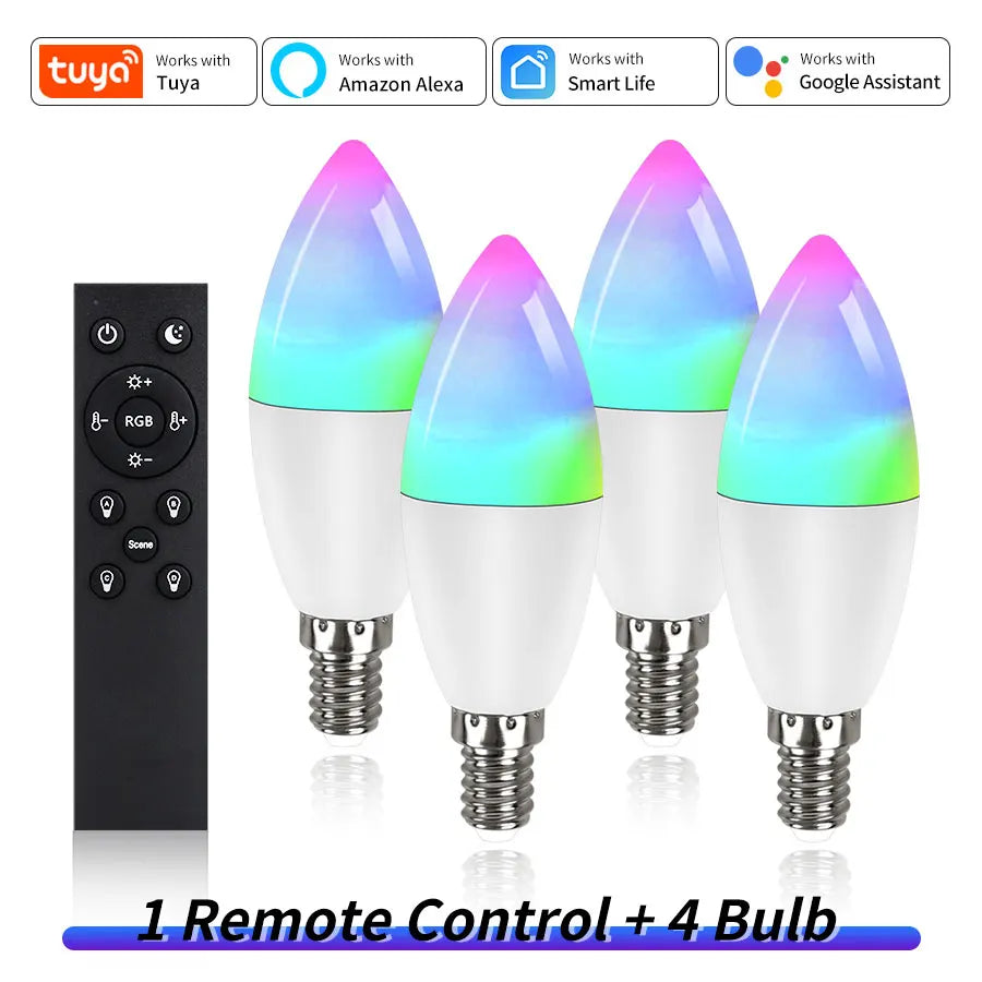 Wifi E14 Led Bulbs 220V Candle Light Tuya Smart Life Spotlight RGB Lamp with RF 2.4G Remote Group Voice Control Alexa Google