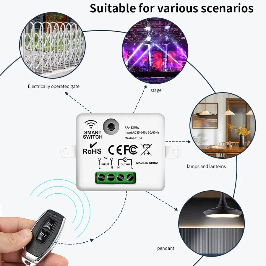 Mini Wireless Smart Light Switch with Remote Control RF 433 Mhz Relay Receiver AC 220V 110V Switch Module for Home Led Lamp Fan