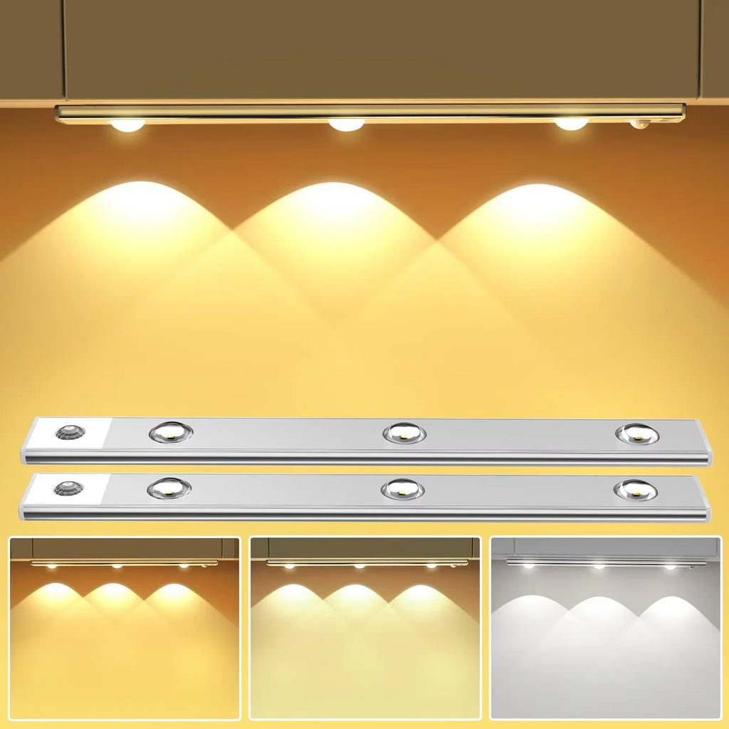 Wireless Ultra Thin Motion Sensor LED Cabinet Light Dimmable Lamp USB Rechargeable 3 Colors for Kitchen Wardrobe Bedroom Stairs