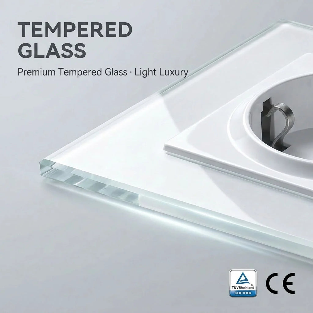 TUV Certified EU Standard Single Wall Socket with Double Power Plug USB Type-C Crystal Glass Panel 1Way Wall Switch 10A/16A 250V