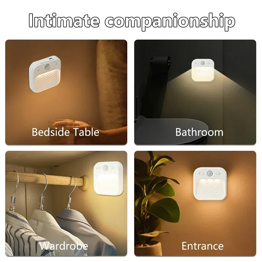 PIR Motion Sensor LED Night Light USB Rechargeable Night Lamp for Bedroom Staircase Hallway Wardrobe Closet Cabinet Lighting