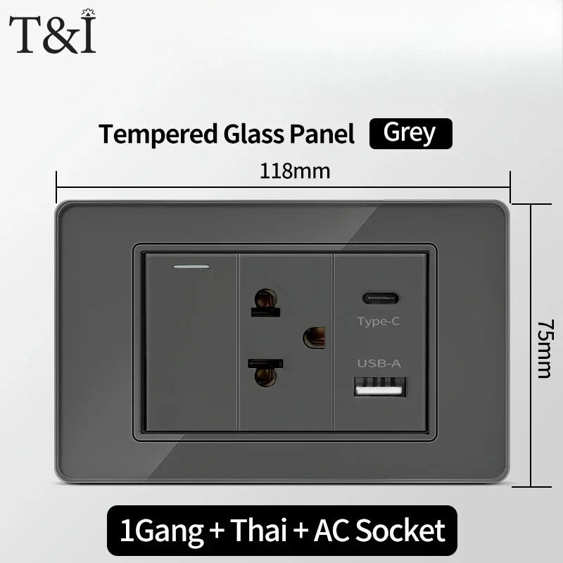 118*75mm TEMPERED GLASS SWITCH PANEL Wall Socket with USB Type - C, Grey US Switch, Thai Plug for Home & Office Use