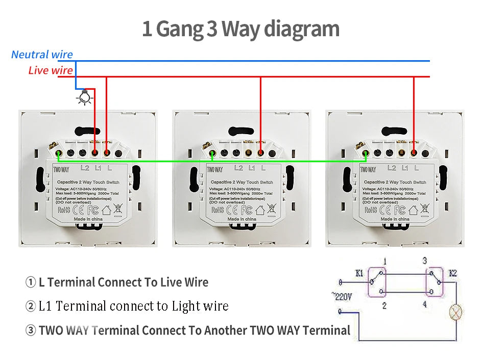 2way 3way 1gang Touch Switch Wall Light Switches No Neutral Wire 240V No Wifi For Staircase Bedside Switches Bedroom