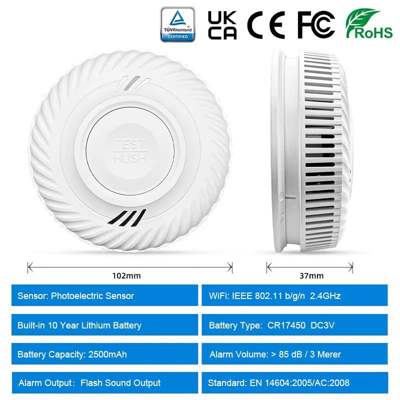 WiFi Tuya Smart Smoke Detector With Built-in 10 Year Lithium Battery For Parlor Room Kitchen Shop Fire Inspection Alarm Sensor