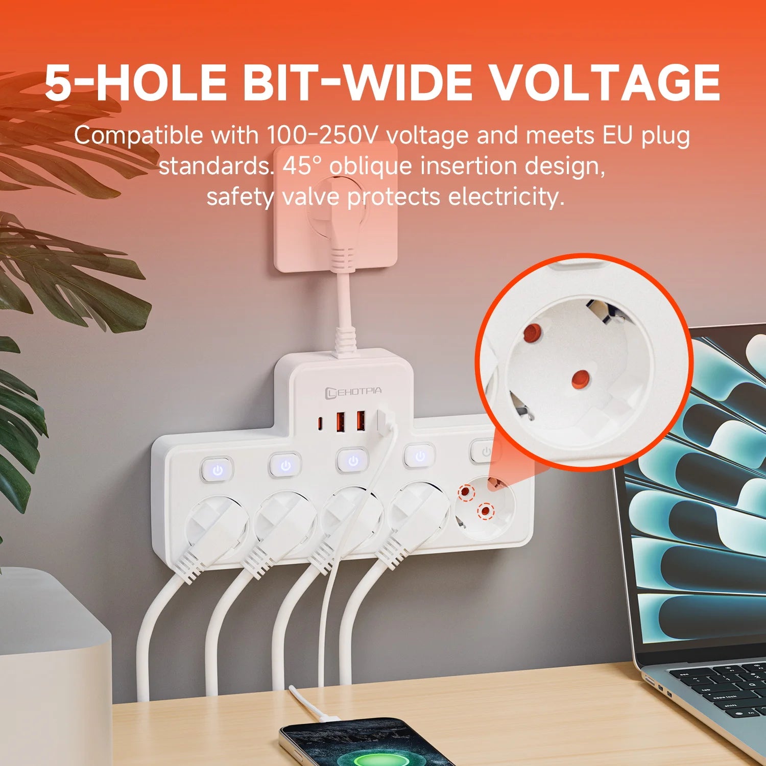 2500W EU AC Plug Power Strip Independent Switch Wall Mounted European Standard Plug Socket Network Filter With USB C Charging