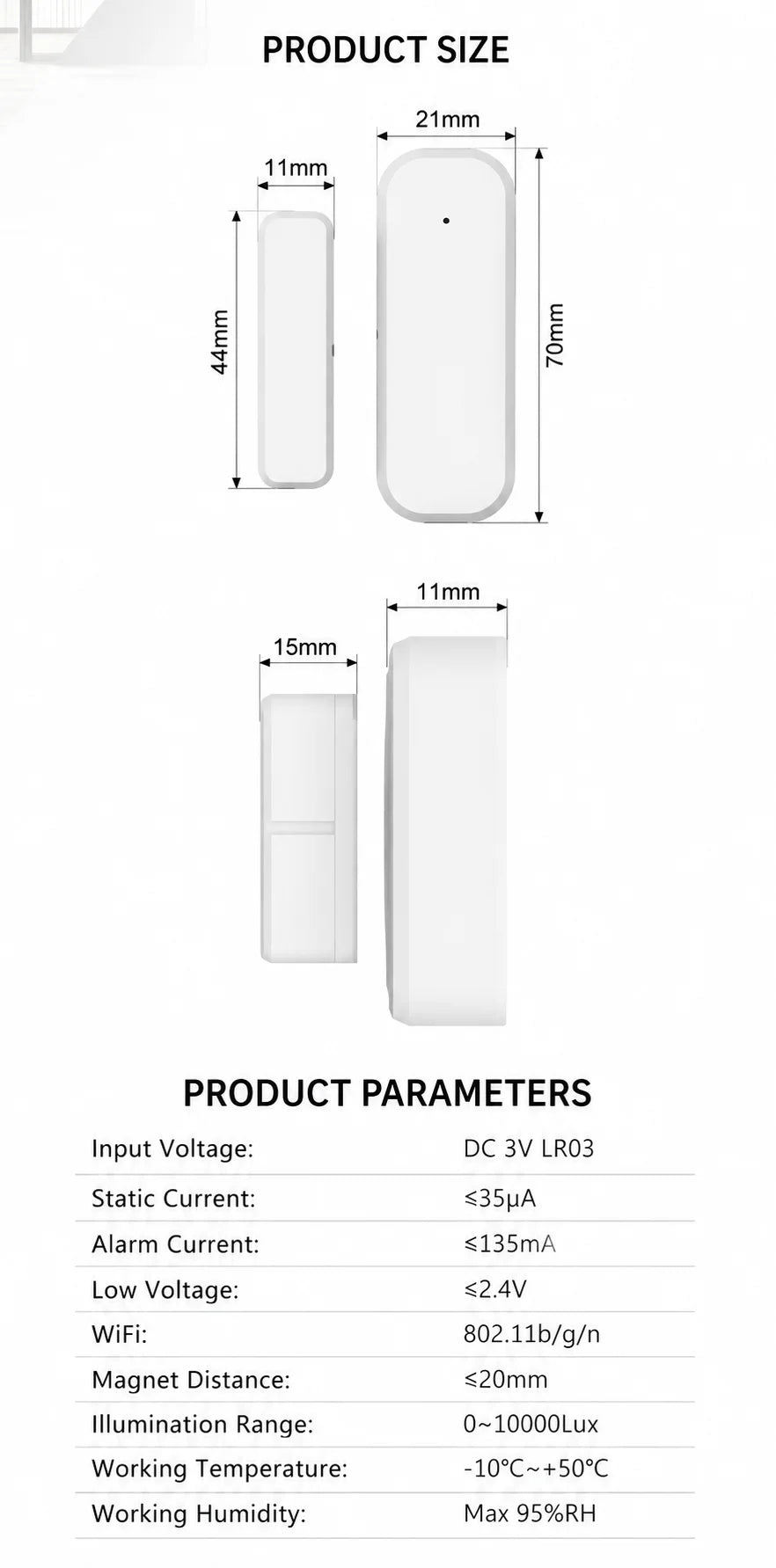 Tuya Door and Window Magnetic Smart Sensor with Zigbee and Wi-Fi connectivity, compatible with Alexa and Google Home
