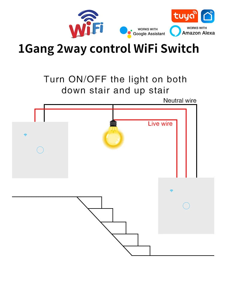 Tuya WiFi Smart Touch Switch 1/2/3/4 Gang 2-Way Control EU Glass Panel Light Switch Neutral Wire Alexa Google Voice Control Time
