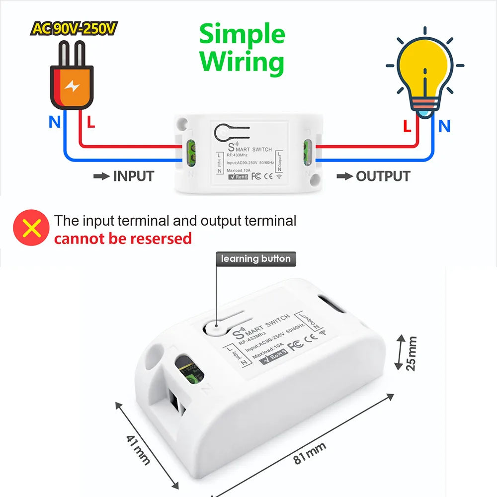 433MHz Wireless Light Switch 10A Relay Breaker Remote Control 220V 110V Mini Round Button Wall Switch for Home LED Lamp