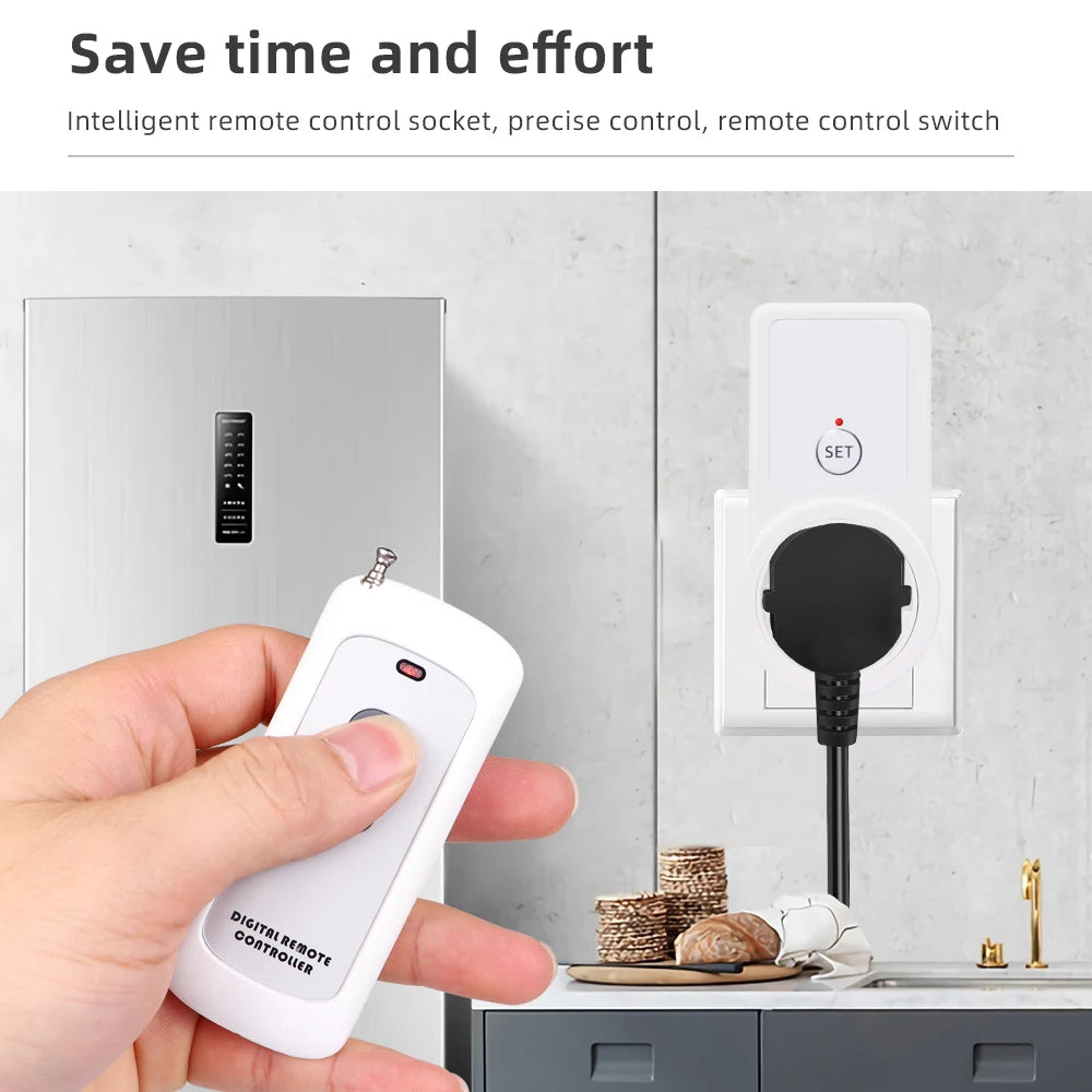 433Mhz Wireless Remote Control Socket Smart EU Plug 50m Remote Power Outlet 15A 220V-240V for Home Appliance Light Fan