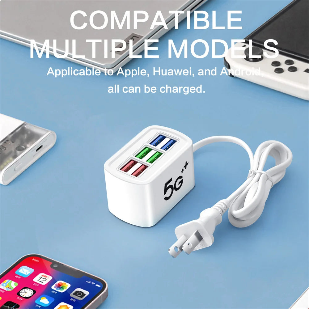 6 in 1 Fast USB Charger Power Strip Desktop Fast Charging Station with 1m Cord USB Hub Adapter Socket for iPhone Home EU US Plug