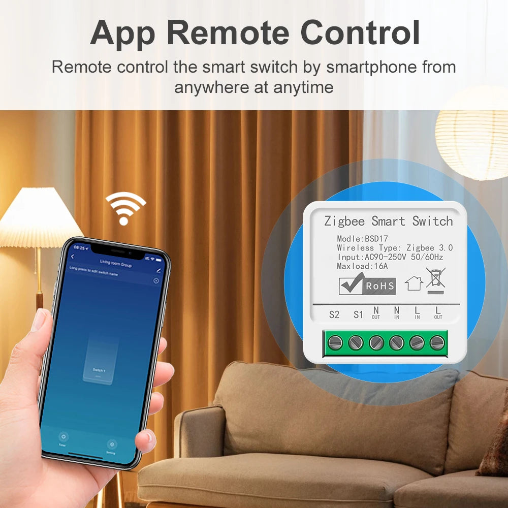 Smart ZigBee3.0 Light Switch Module 16A MiNi DIY Breaker Switch Supports 2 Way Control App Remote Control for Alexa Google Home