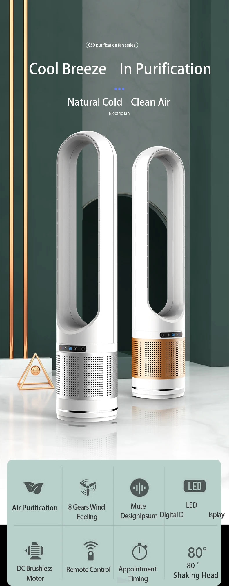 Smart Interior Modern and Luxurious Design 20W Electric air Cooling Bladeless Fan 8 Speeds