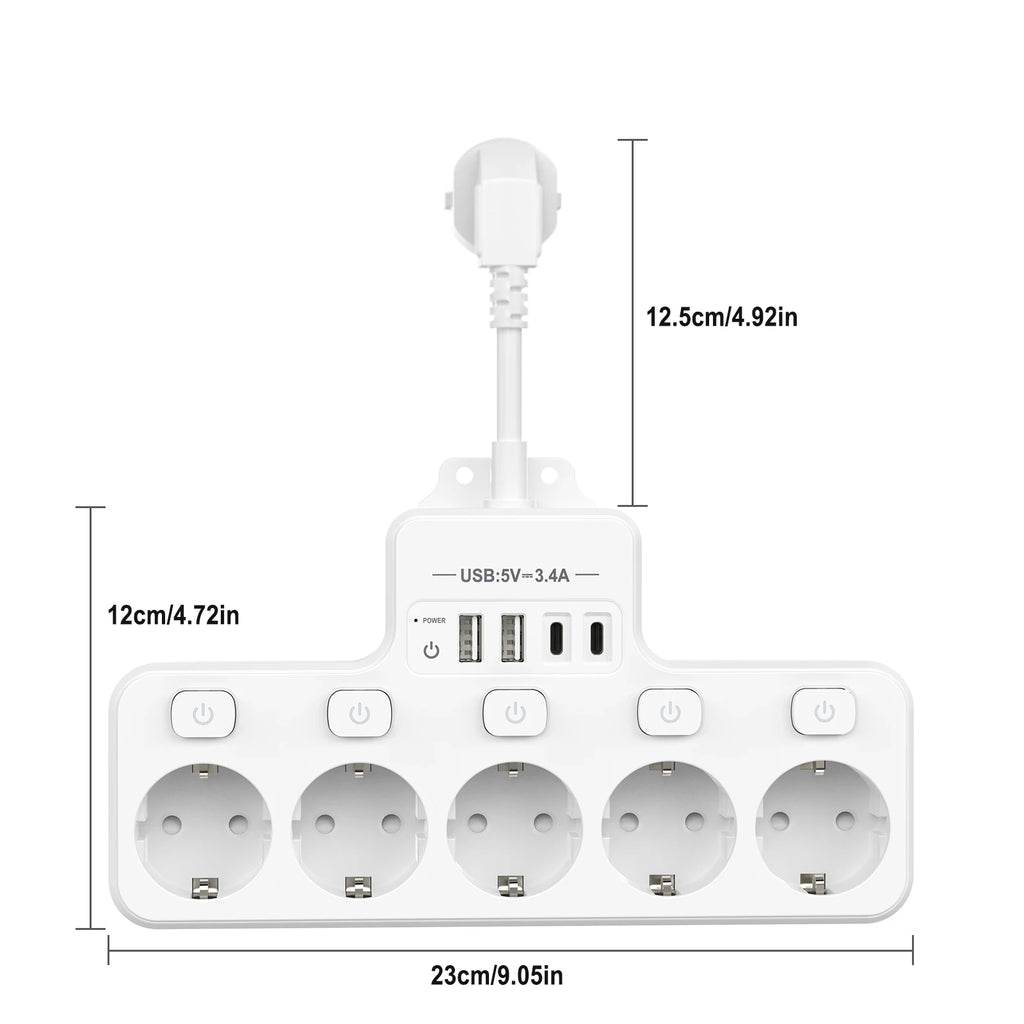 4000W 16A EU Multi-Contact Plug Power Plate Multi-Function Socket with 4 USB Fast Charging Ports 5 AC Power Jacks