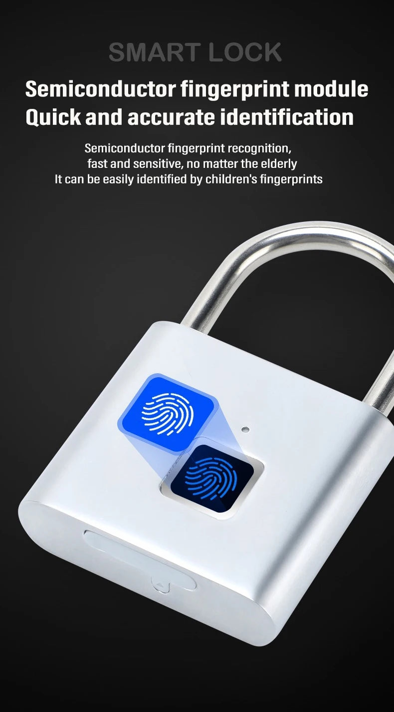 Smart Fingerprint Padlock Keyless Waterproof Zinc Alloy Biometric Padlocks USB Charging Fingerprint Lock Anti-theft Door Lock