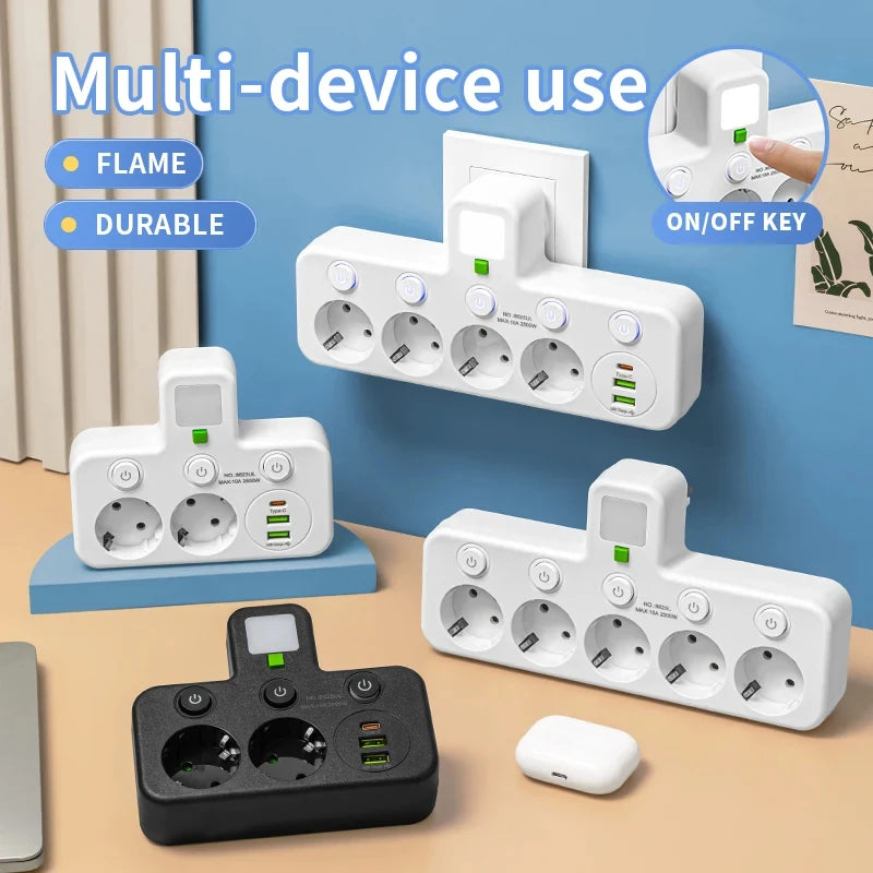 EU Plug Wall Mounted European Standard Socket Power Strip 5 AC Independent Switch With USB C Charging Network Filter Adapter