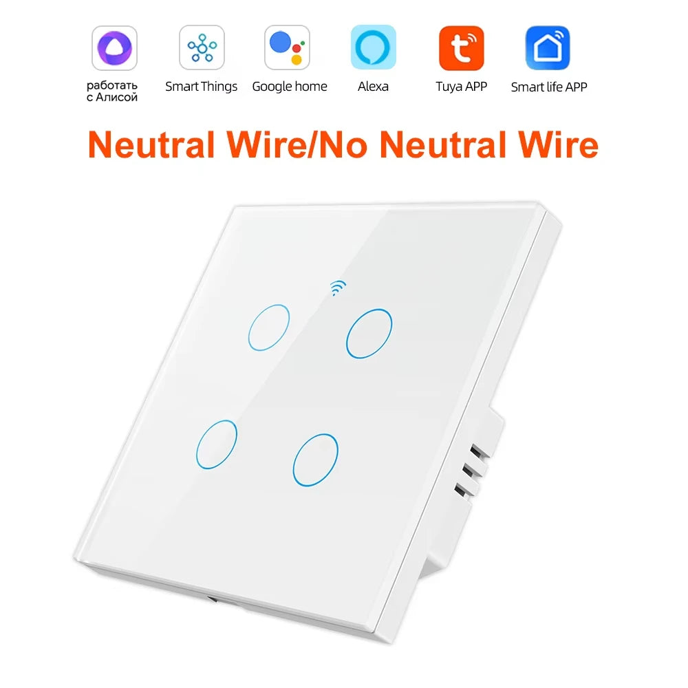 WiFi RF 433mhz Touch Wall Light Smart Switch 1 2 3 4 Gang Wireless Switch 220V with no Neutral EU Work Witch Tuya Alexa Google