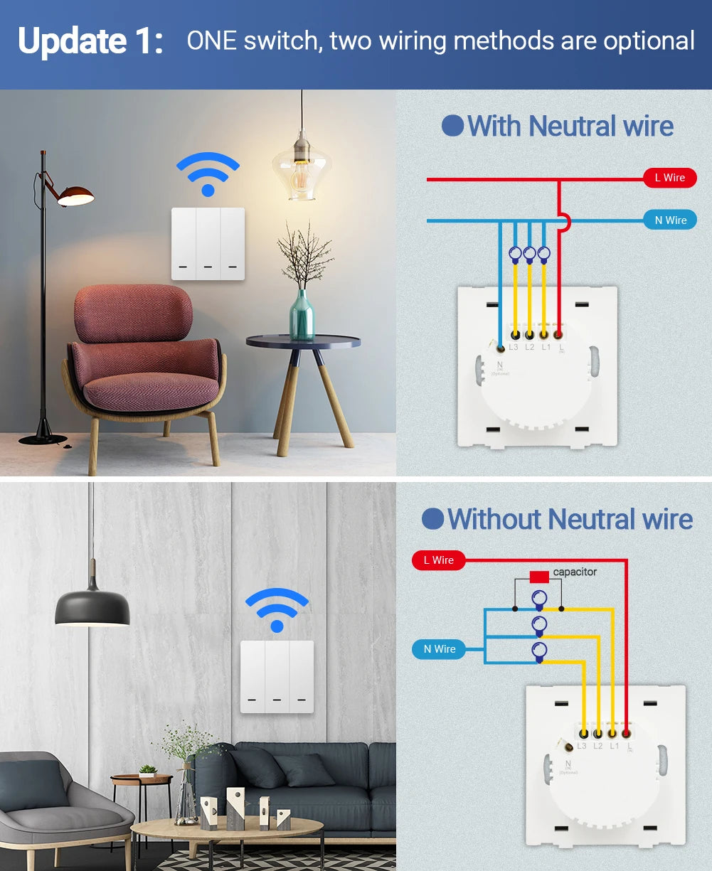 Tuya Zigbee Push Button Smart Switch EU UK Light Switches No Neutral Required Alexa Google Home Automation  Zigbee2MQTT 2/3 Way