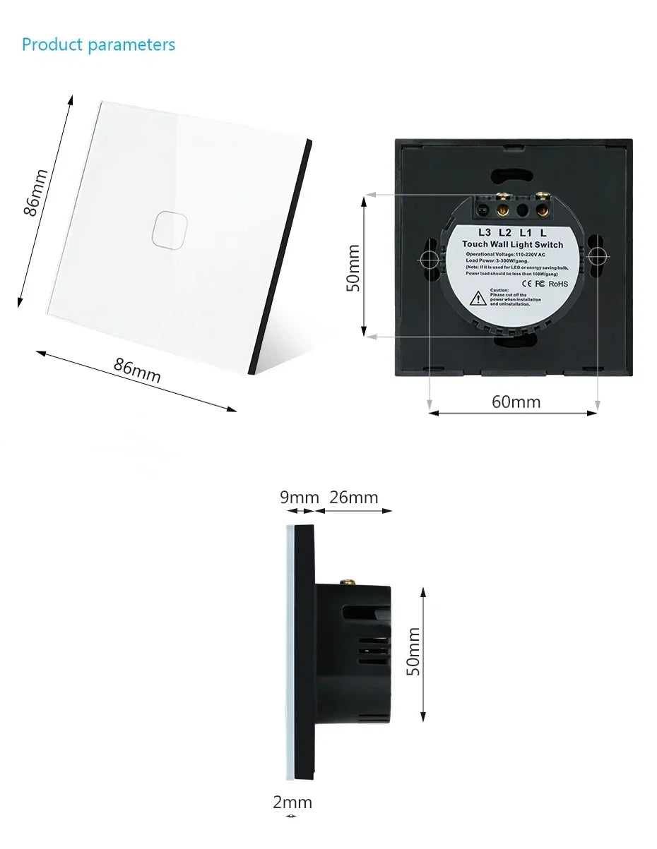 Touch Switch EU/UK Standard White Crystal Glass Panel Touch Switch, AC220V,1 Gang 1 Way, EU Light Wall Touch Screen Switch