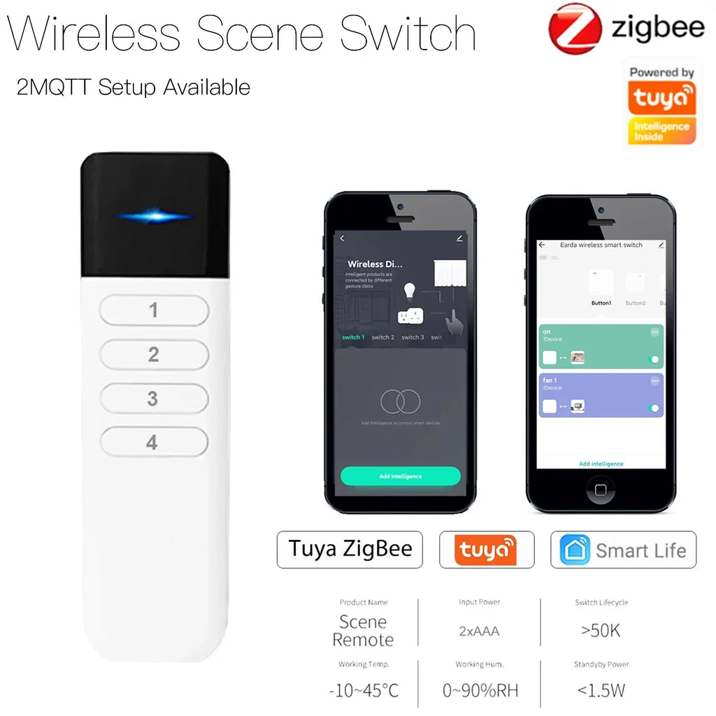 Tuya ZigBee Wireless Portable Remote Control 4 Zone LED Dimmer Smart Home Scene Control Switch Smart Life APP Fr Assistant 2MQTT