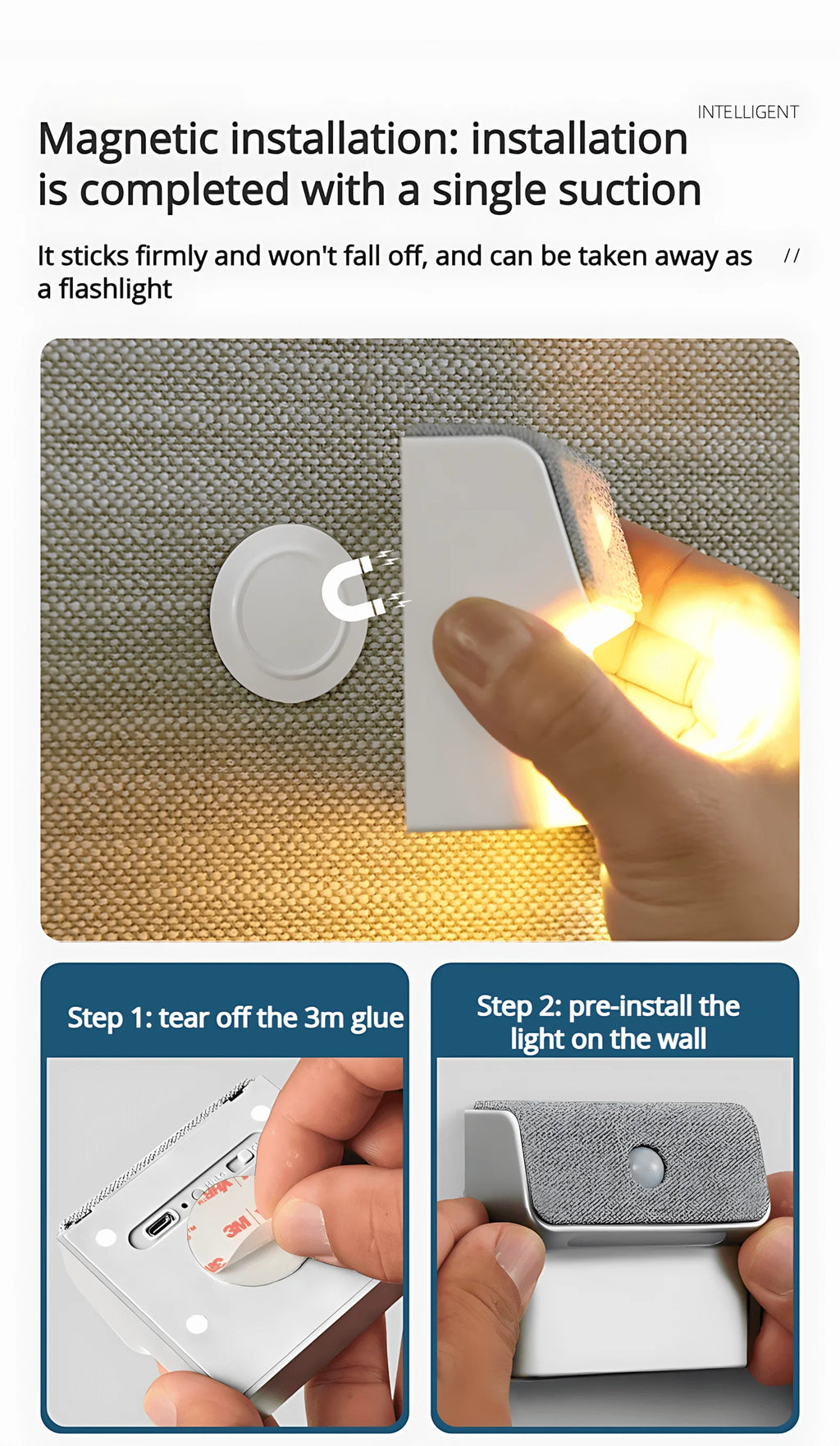 Smart Human Motion Sensor Wall Lamp, Rechargeable Wireless Magnetic LED Night Light, Auto On/Off for Closet Hallway Stairs