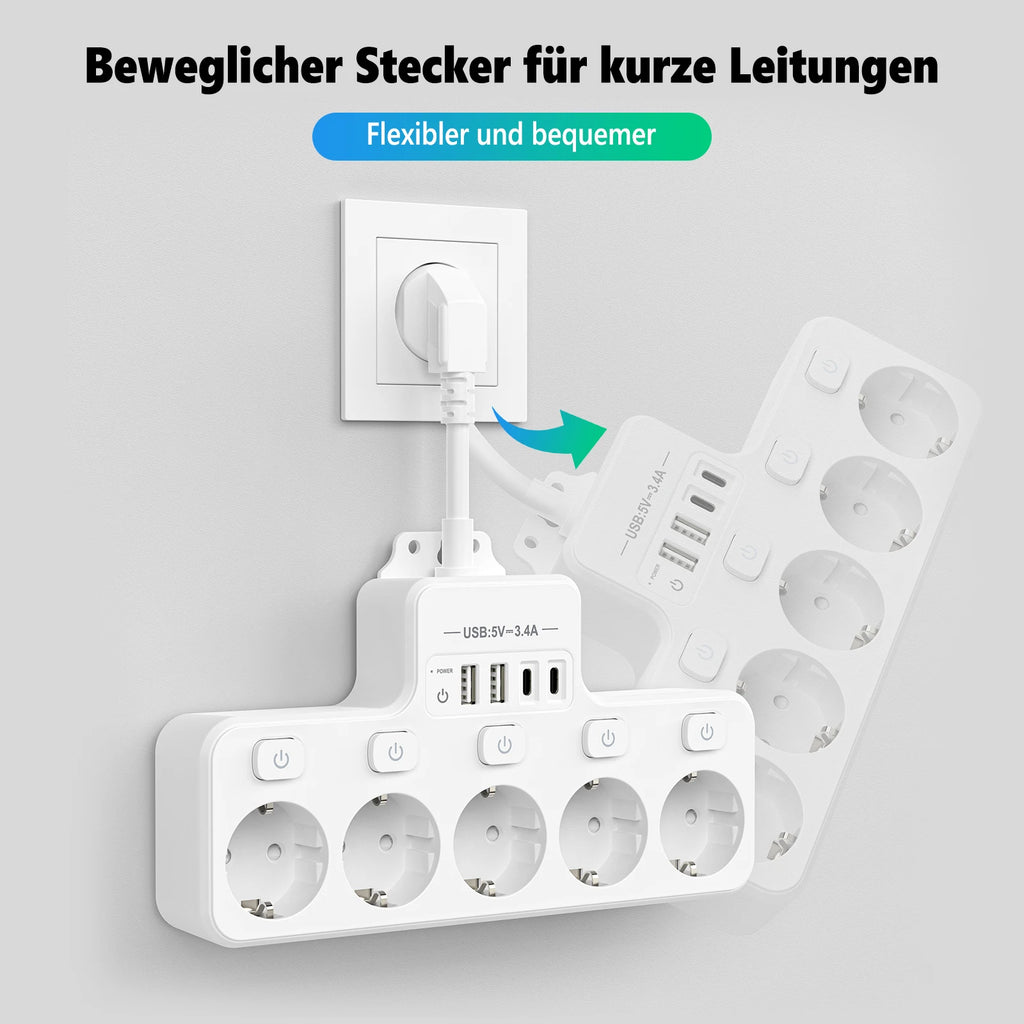 4000W 16A EU Multi-Contact Plug Power Plate Multi-Function Socket with 4 USB Fast Charging Ports 5 AC Power Jacks