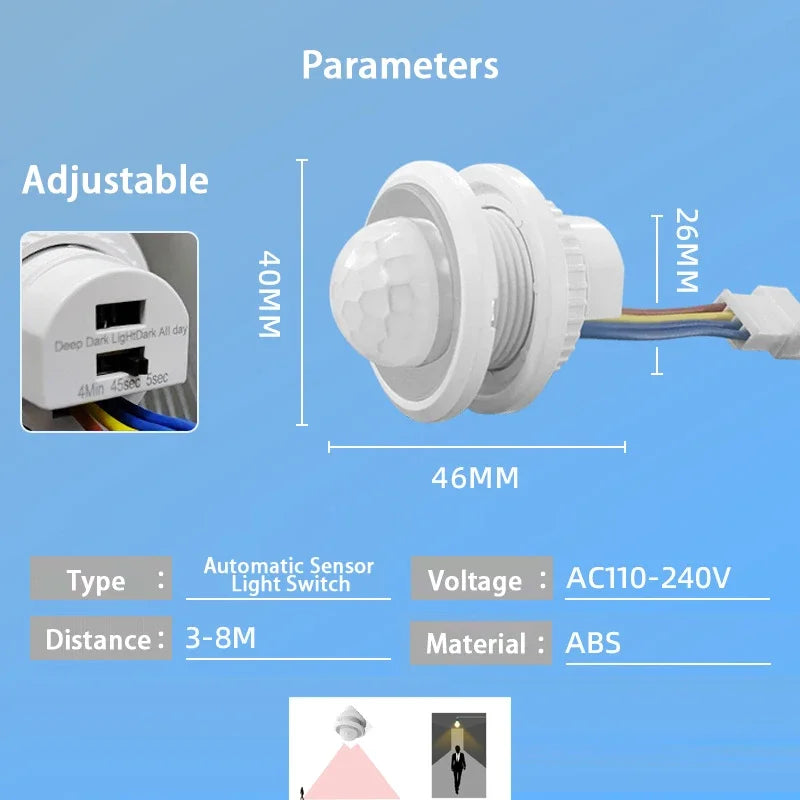 PIR Sensor Light Switch Detector Smart Switch LED 110V 220V PIR Infrared Motion Sensor Switch Auto on Off with Adjustment