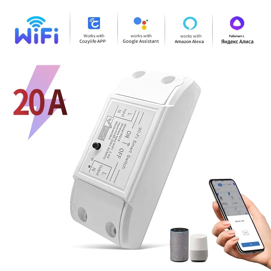 20A/16A/10A WIFI Switch Smart Home Automation Relay Module Wireless Control Switch Relay Breaker Voice Control Work Alexa Google
