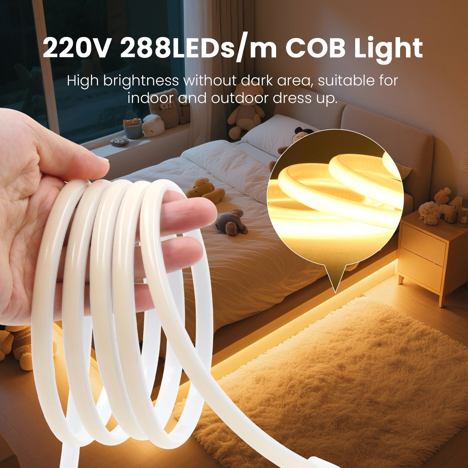 220V COB Led Strip EU Plug Warm White Red Blue Green Pink 288LEDs/m IP65 Waterproof Flexible Neon Light for Kitchen Room Garden