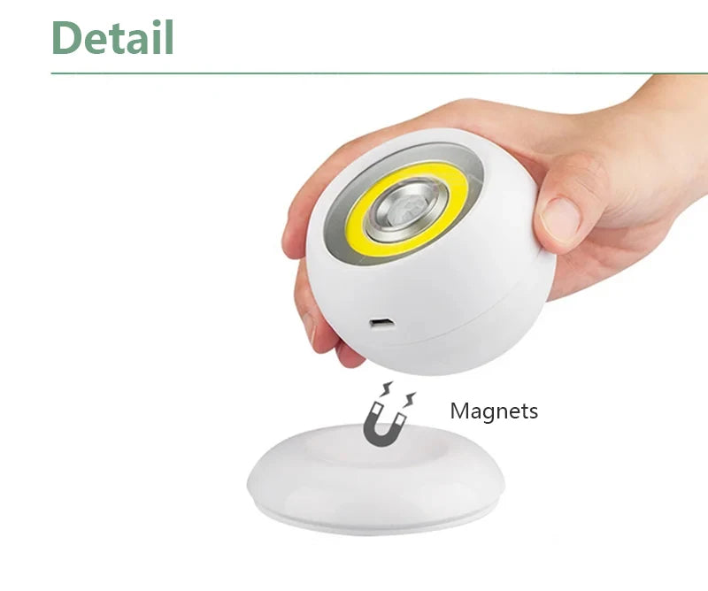 360° Rotating COB Ball Light PIR Motion Sensor LED Night Light USB/Battery Powered Magnet Wall Lamp for Bedroom Bathroom Kitchen