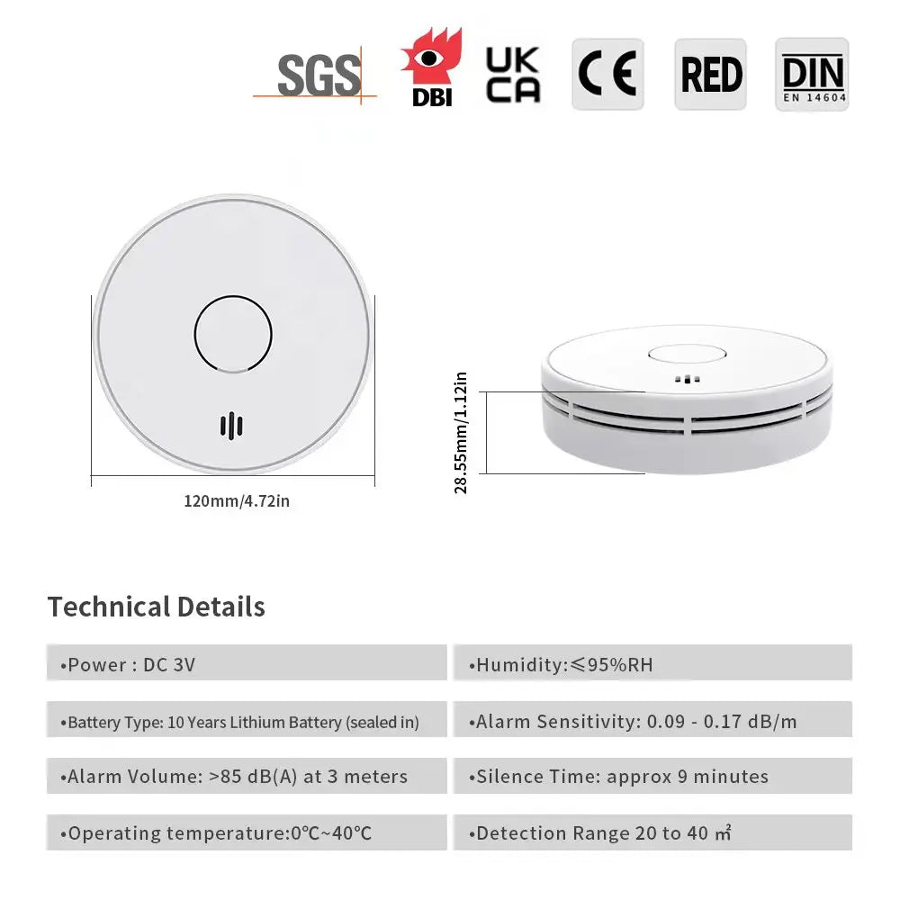 V-Come Standalone Smoke Alarms for Home, 10-Year Battery Photoelectric Smoke Detector,  EN14604 AS3786 , VS02