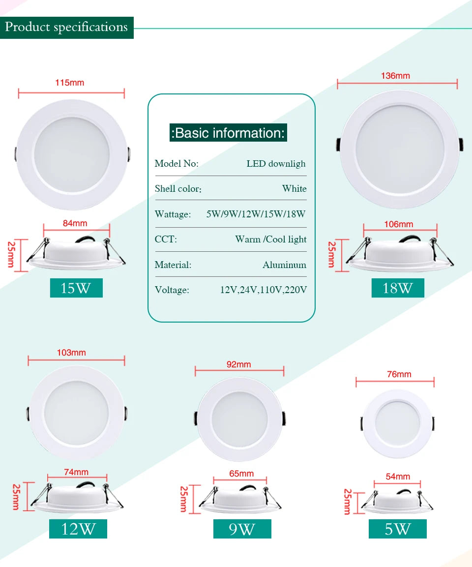 6Pcs LED Downlight AC110V 220V DC12V 24V Recessed Round Ceiling Dowm Light Indoor Bedroom for Home Decor Lighting LED Spot Lamp