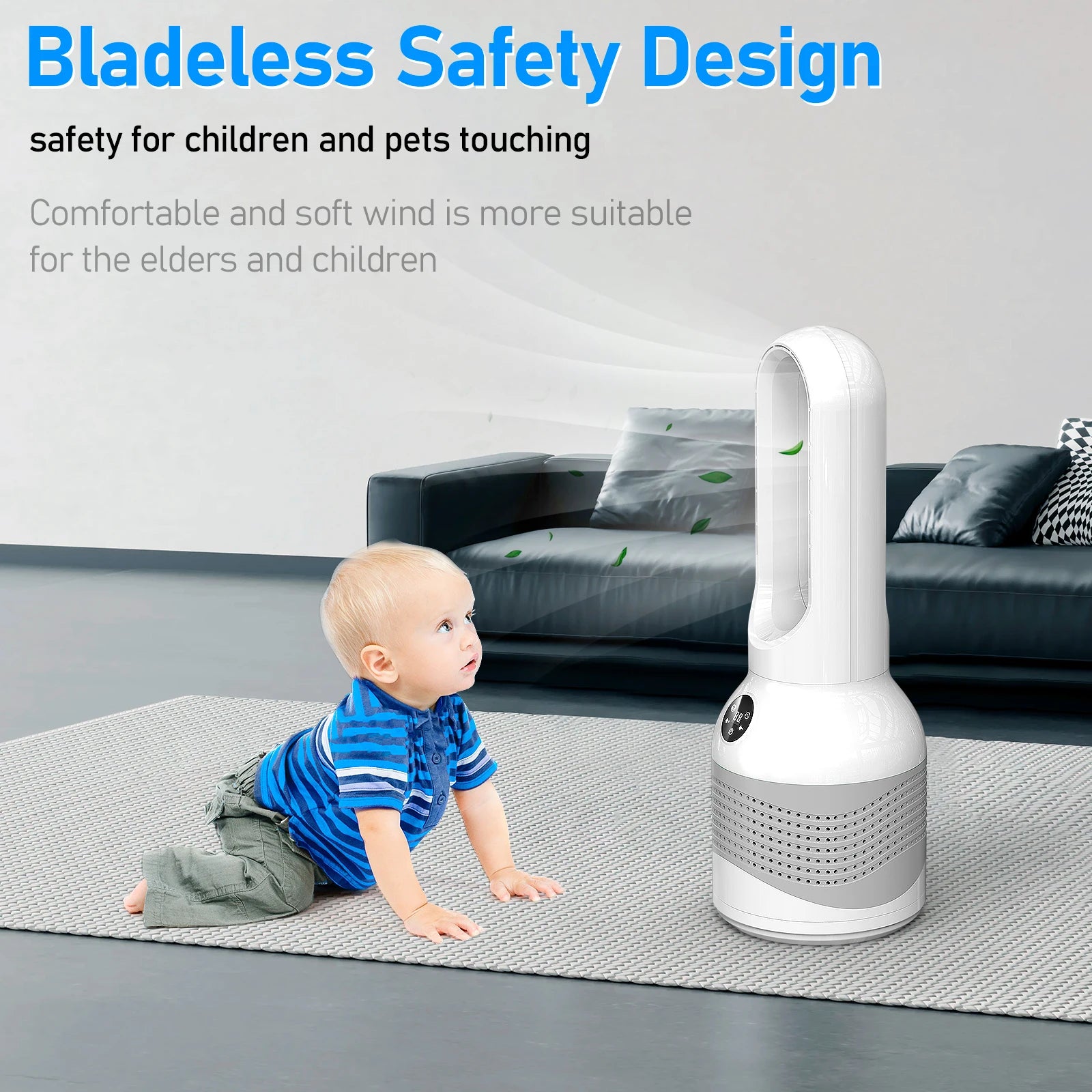 Smart 3-in-1 Air Purifier Bladeless Tower Pedestal Fan with Electric Heater and Leafless Standing Feature for Household Use